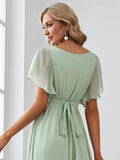 Vestido de dama de honor para mujer, escote en V, mangas con volantes, busto fruncido, largo hasta el suelo, de gasa, vestido formal para invitada de boda. 