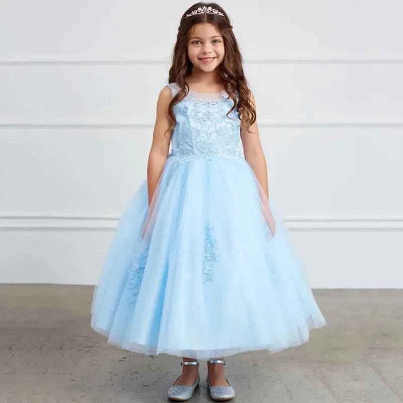Estampado de flores azul cielo con cinta sin mangas para bodas, fiestas de cumpleaños, banquetes, vestidos de princesa, vestidos de niña de las flores personalizados 