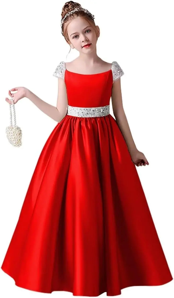 Festzugskleider für Mädchen, Satin, Blumenmädchenkleid, Flügelärmel, Ballkleid mit Pailletten, Prinzessinnenkleid für Geburtstagsparty, Festzugskleid für Mädchen 
