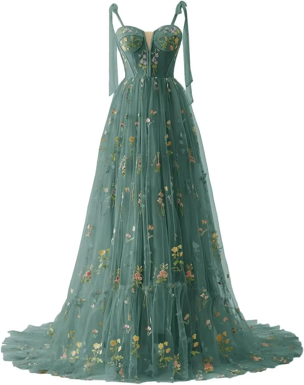 Women's Flower Embroidery Tulle Prom Dresses Corset Long Spaghetti Strap Fairy Ruched Formal Evening Party Gowns Bridesmaid Gown