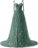 Women's Flower Embroidery Tulle Prom Dresses Corset Long Spaghetti Strap Fairy Ruched Formal Evening Party Gowns Bridesmaid Gown