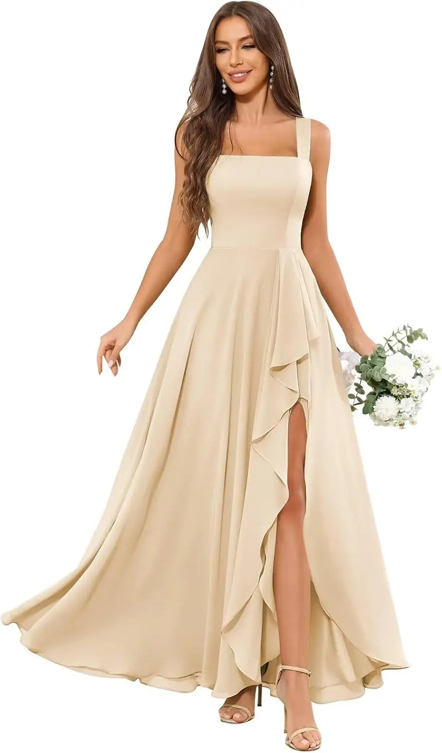 Chiffon Ruffle Bridesmaid Dresses for Women Square Neck Formal Evening Dress with Slit elegant dress women for wedding party