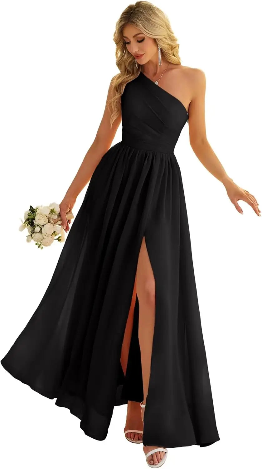 Women's One Shoulder Bridesmaid Dresses for Wedding Chiffon Side Split Reched Formal Evening Dress Sleeveless