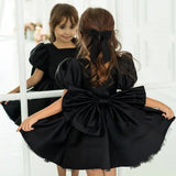 Vestidos de tul satinado negro con lazo, mangas cortas, para bodas, cumpleaños, graduaciones, comuniones, personalizados, para niñas de las flores. 