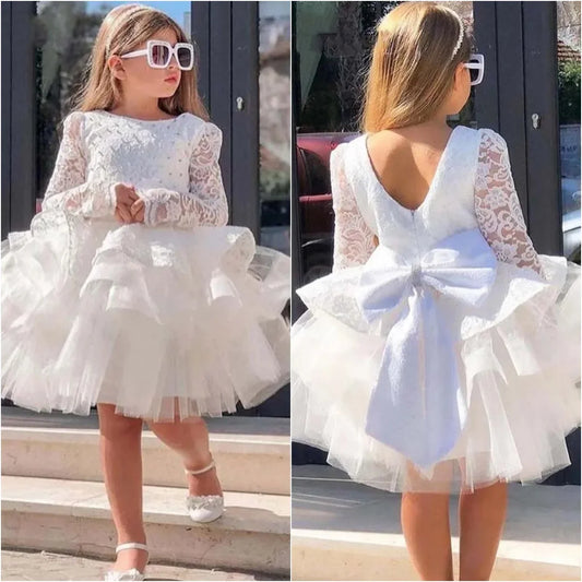 Bow Lace Knee Length Kids Birthday Party First Holy Communion Gown Customized Ivory Flower Girl Dress Pageant Gown for Wedding