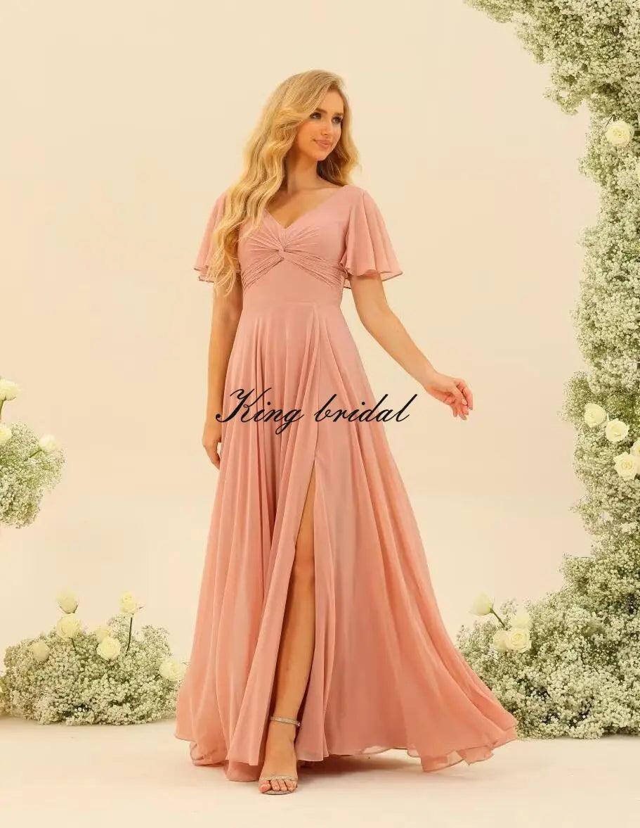 Custom Made Flutter Sleeves Split Bridesmaid Dresses with Slit Long V Neck Empire Waist Formal Evening Dress for Women Wedding
