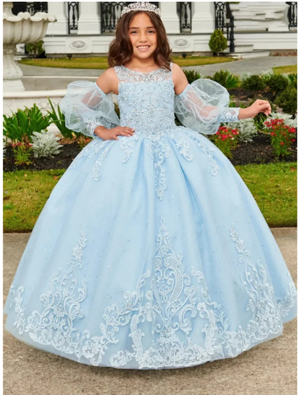 Sequins Floor Length Elegant Girl Kids Birthday Party First Holy Communion Gown Lace Appliques Flower Girl Dresses for Wedding