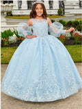 Sequins Floor Length Elegant Girl Kids Birthday Party First Holy Communion Gown Lace Appliques Flower Girl Dresses for Wedding