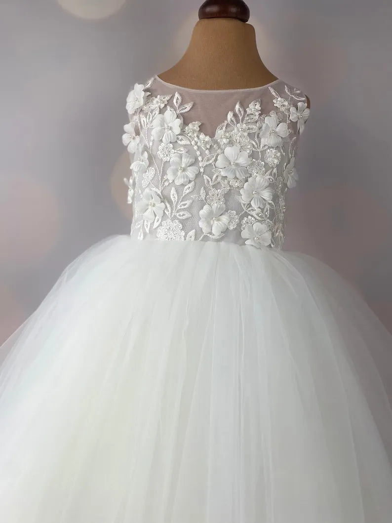 Blumenmädchenkleid elfenbein, Bodenlänge, Volle Länge, Erstkommunionkleid, Babykleid, Spitzenkleid, Hochzeitsprinzessinnenkleid 