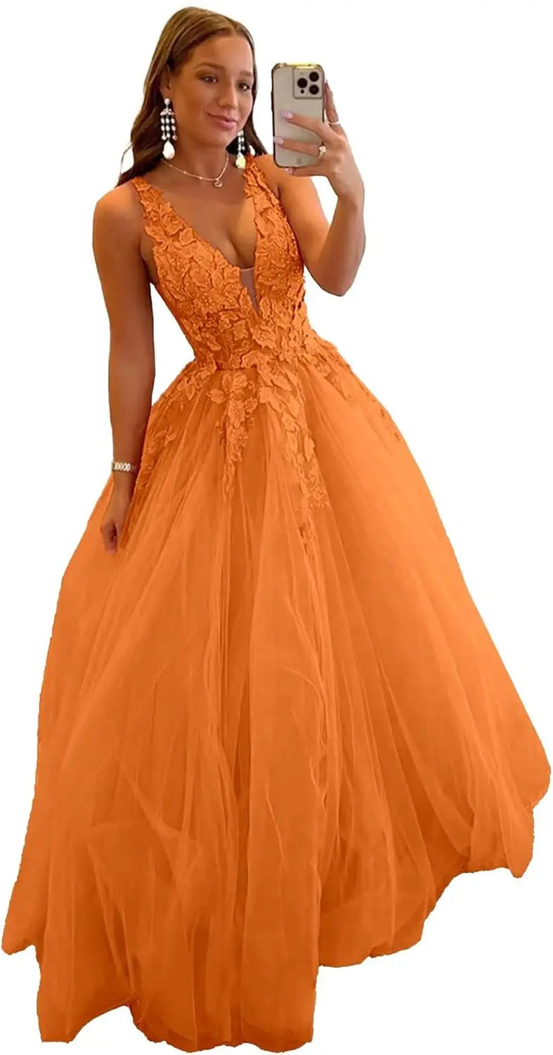 Tulle Prom Dresses for Women V Neck Applique Ball Gowns for Teens Women's Long Formal Evening Gowns with 3D Flower