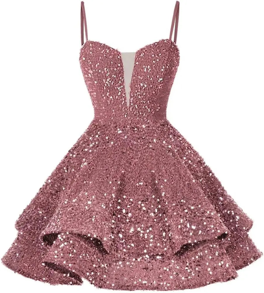 Kurzes Pailletten-Heimkehrkleid für Teenager, funkelnde Ballkleider, Sweet 16-Fotoshooting, Cocktailkleider, Minikleid, Partykleider 