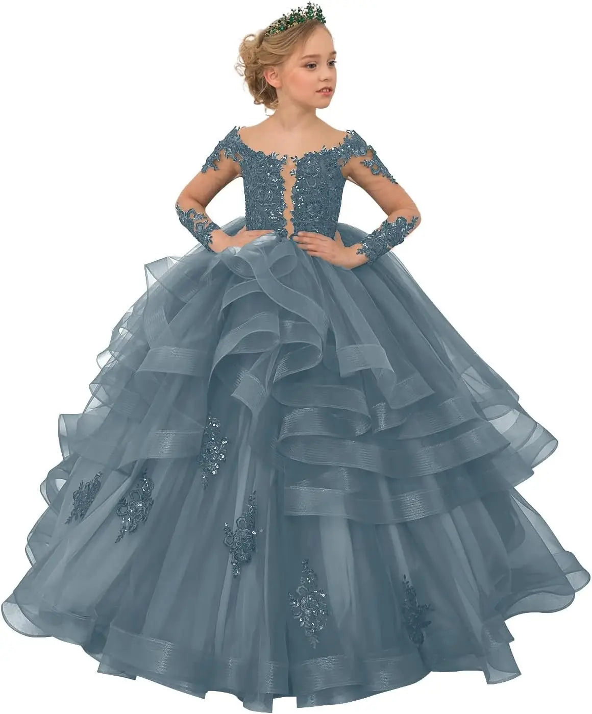 Long Sleeve Flower Girl Dresses Laces Applique Beaded Princess Pageant Dress Beaded Ruffle Tulle Kids Prom Party Gown