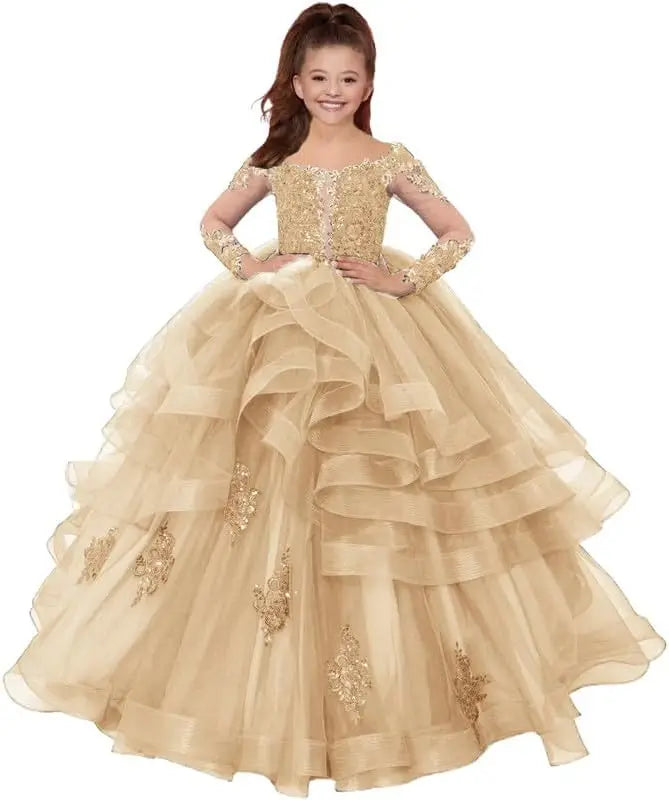 Custom made Princess Long Sleeve Flower Girl Dresses Appliques Ruffles Tulle Pageant Dresses for Girls Kids Party Ball Gowns