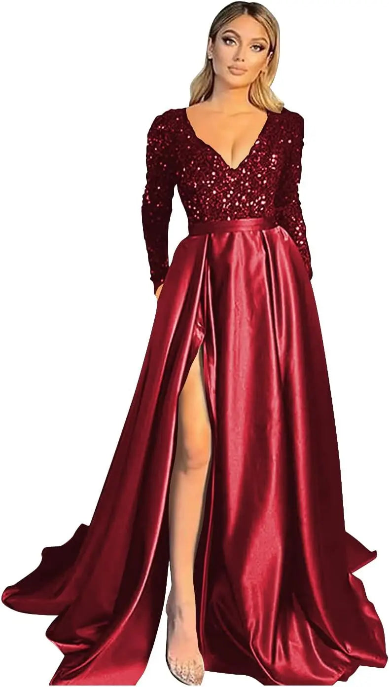 Vestido de fiesta de graduación con lentejuelas brillantes para mujer, con bolsillos, de satén de manga larga, vestido de noche formal con abertura, elegante para fiesta de boda 