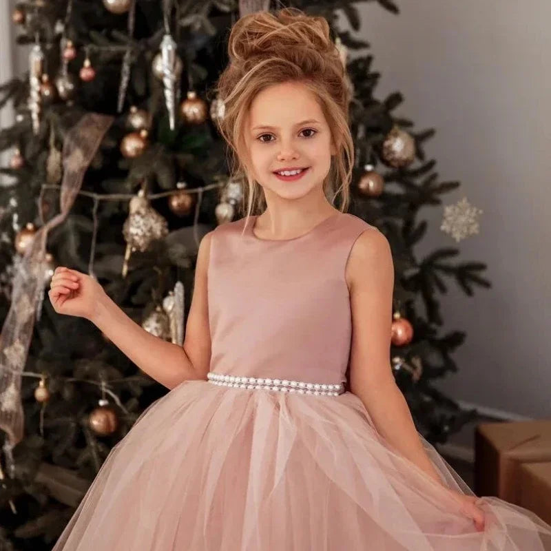 Dusty Pink Pearls Belt With Bow For Wedding Birthday Banquet Prom Ball Holy Communion Gowns Customized Flower Girls Dress