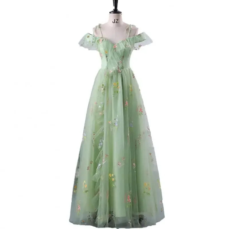 New Spaghetti Strap Evening Dresses Sweet Embroidery Flower Tulle Party Dress Elegant Long A-line Prom Dresses Customized