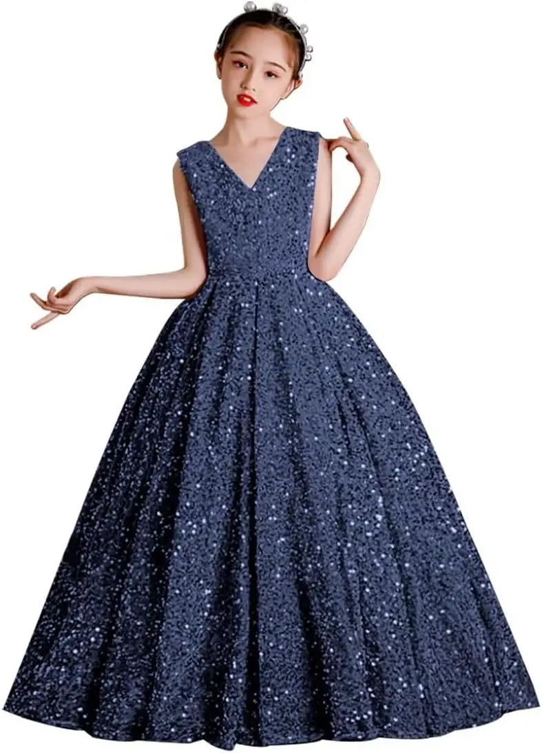 Vestidos de desfile con lentejuelas y cuello en V para niñas, vestidos de baile brillantes para niñas de las flores, vestidos de princesa para niñas pequeñas, vestido de comunión 