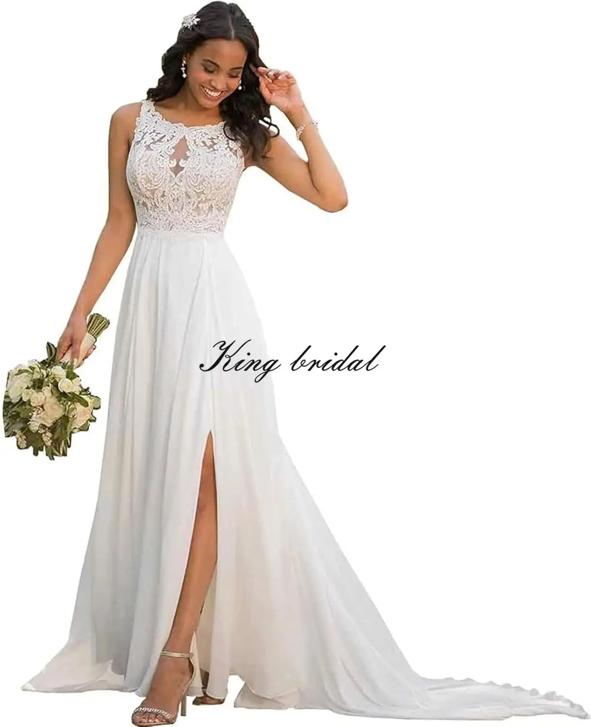 Vestido de novia bohemio largo con abertura en forma de A, elegante, de gasa y encaje, hecho a medida, para playa, 2026 