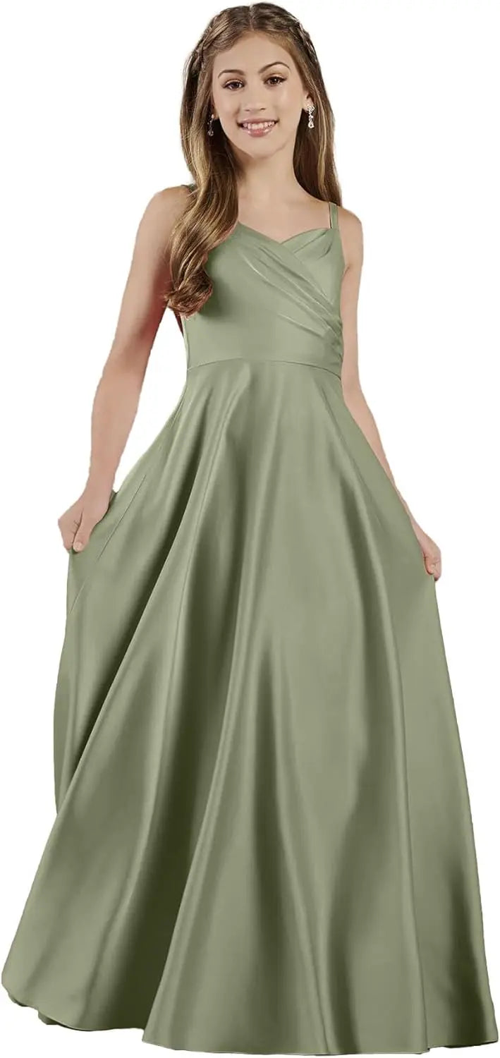 Mädchen Träger Junior Brautjungfer Kleid für Hochzeit Satin Festzug Blumenmädchen Kleider Festzug für Teenager Prinzessin Kleid 