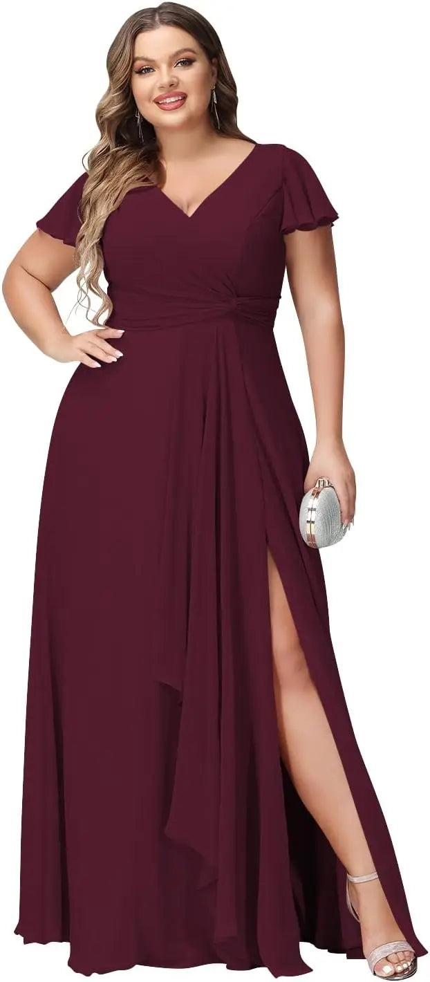 Vestidos de dama de honor con mangas con volantes y bolsillos, cuello en V, largos y formales, para mujer, talla grande, 2026, para fiesta de boda. 