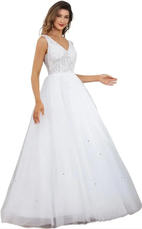 Vestidos de novia de encaje para mujer, tul, escote en V, lentejuelas y cuentas, sencillos, blancos 
