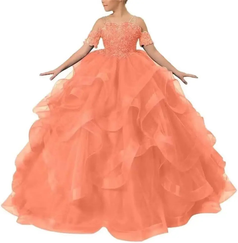 Vestidos de desfile de princesas para niñas de flores 2026 con encaje bordado, tallas grandes, tul en capas, vestidos de primera comunión para niñas. 