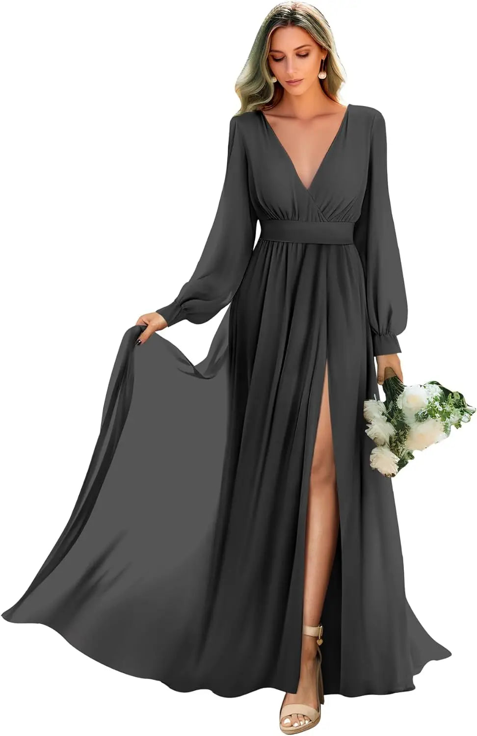 Long Sleeve Bridesmaid Dresses with Slit Pleated Wedding Party Gowns V Neck Chiffon Long Formal Dress evening dress