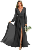Long Sleeve Bridesmaid Dresses with Slit Pleated Wedding Party Gowns V Neck Chiffon Long Formal Dress evening dress