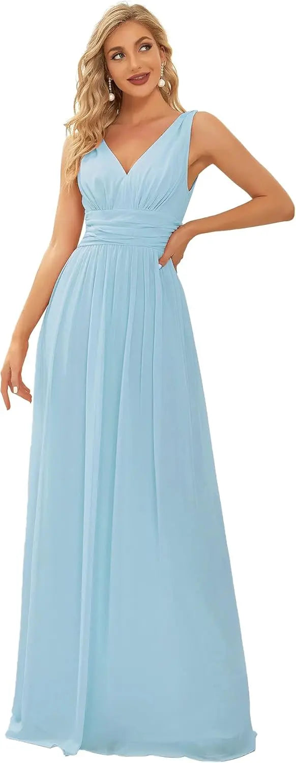 Womens Bridesmaid Dress V-Neck Sleeveless A Line Chiffon Floor Length Formal Dress wedding guest dress  ball gown
