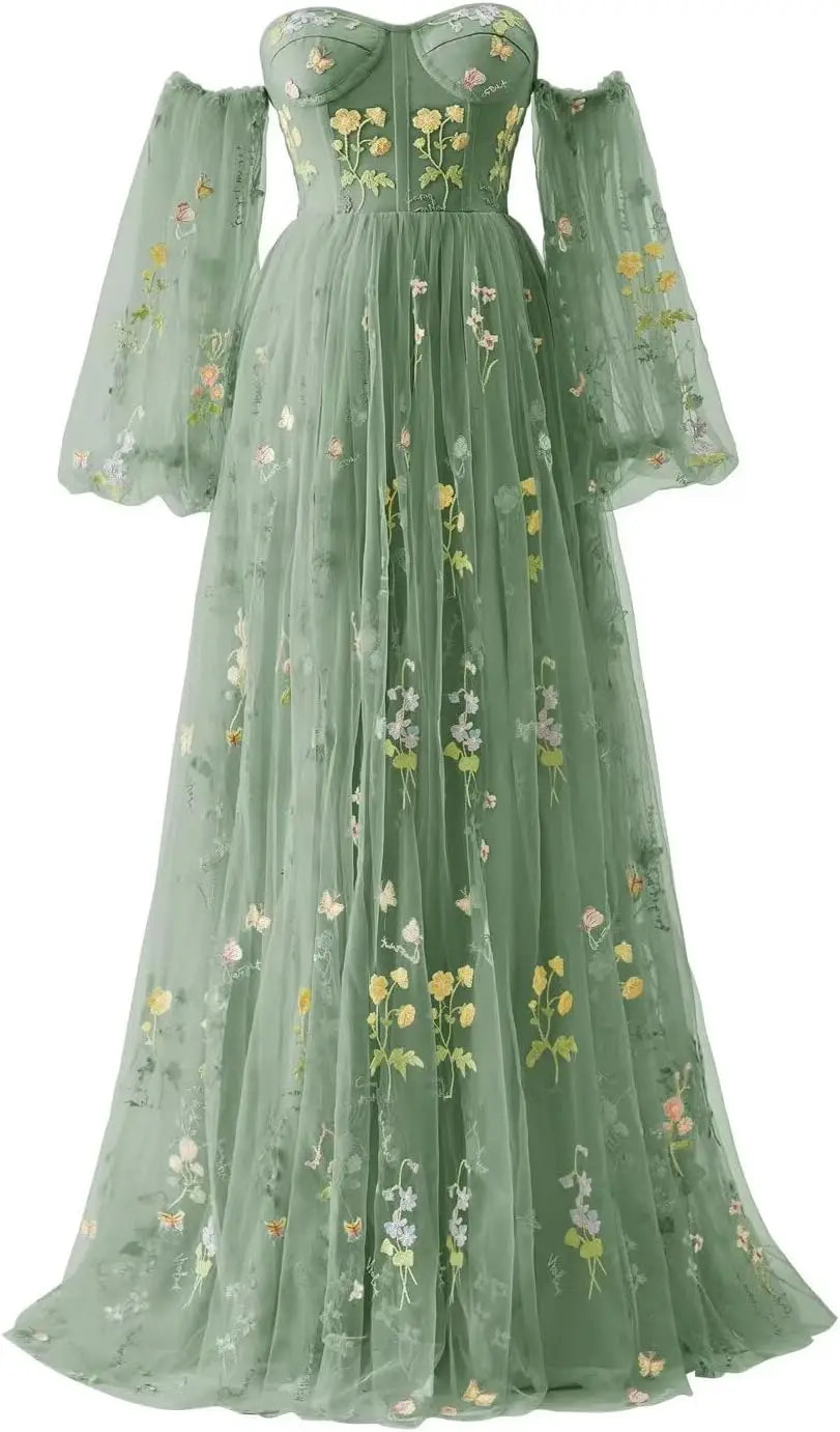 Puffy Sleeve Flower Embroidery Tulle Prom Dresses for Women Long A Line Fairy Maxi Formal Evening Party Gown Bridesmaid Dresses