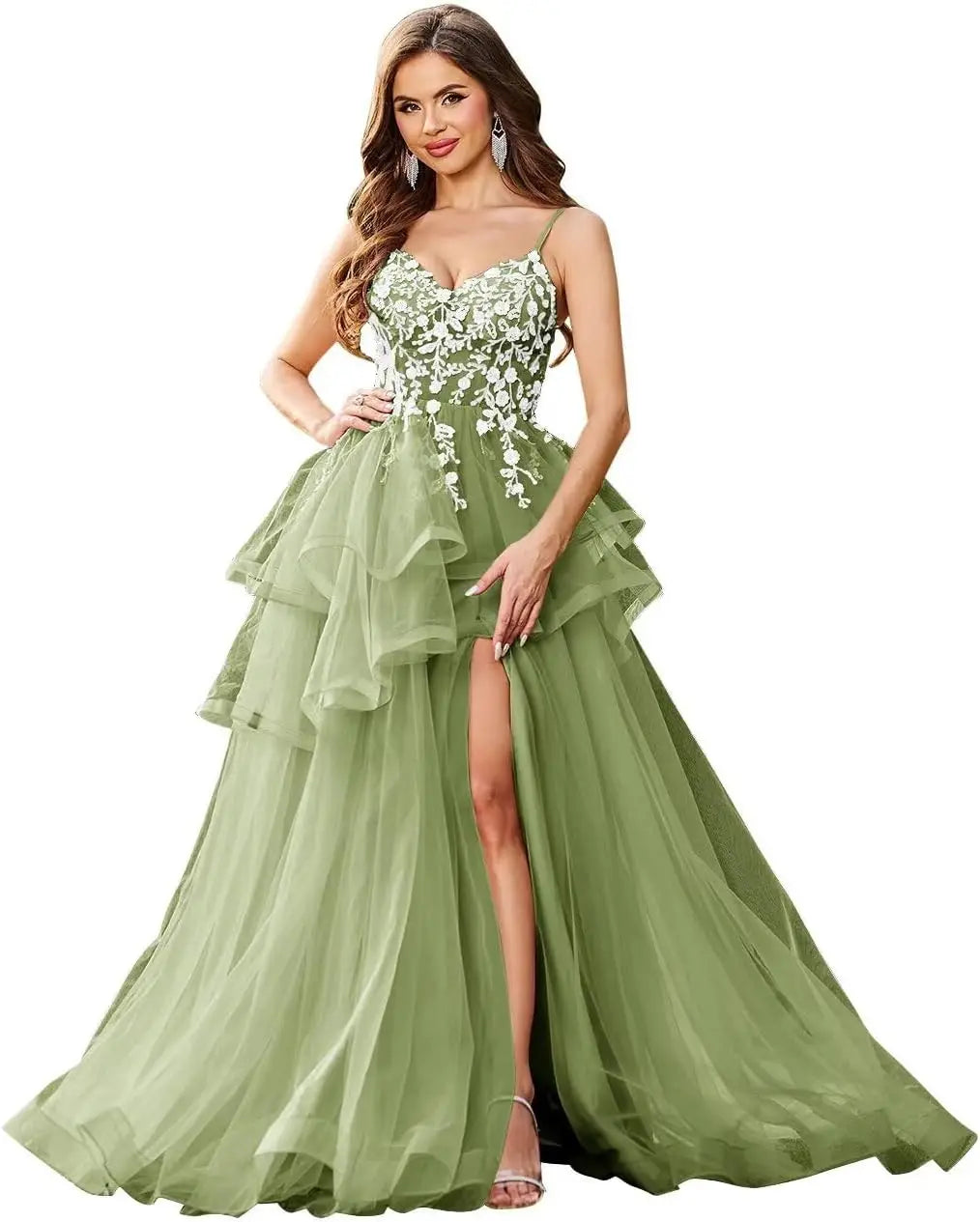 Vestidos de fiesta con apliques de encaje de tul y escote en V con abertura, vestidos de fiesta formales de noche con capas abullonadas, vestidos de baile largos 