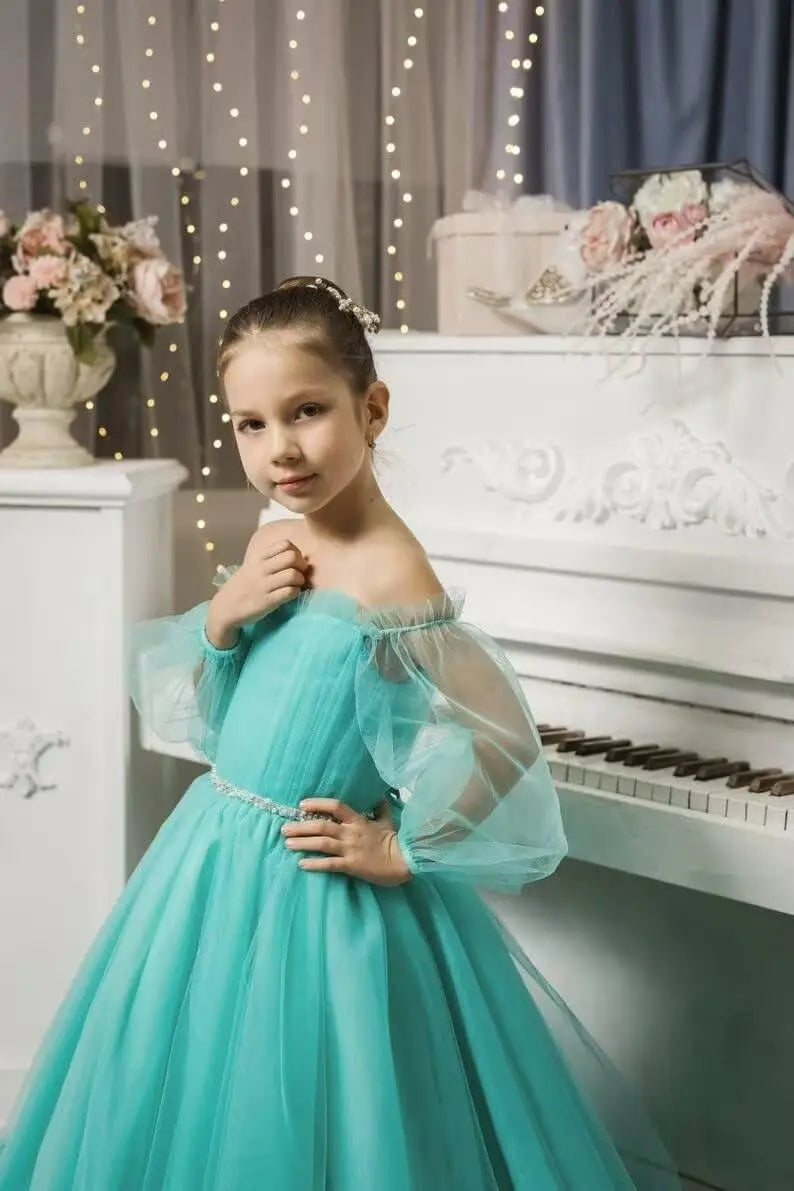 Vestidos de niña de las flores con mangas abullonadas para boda, vestidos de desfile de tul con hombros descubiertos, vestido de línea A para niña pequeña con cinturón, vestido para niña bebé 