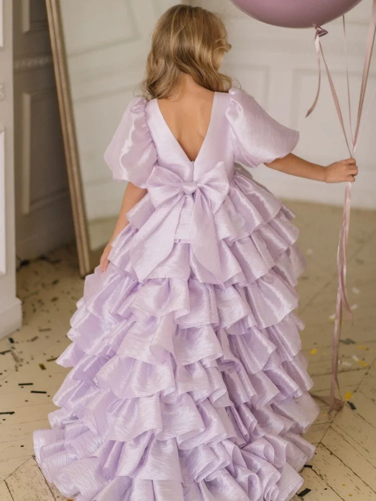 Beige Tiered With Bow And Tailing Short Sleeve For Wedding Birthday Party Holy Communion Gowns Customized Flower Girl Dresses