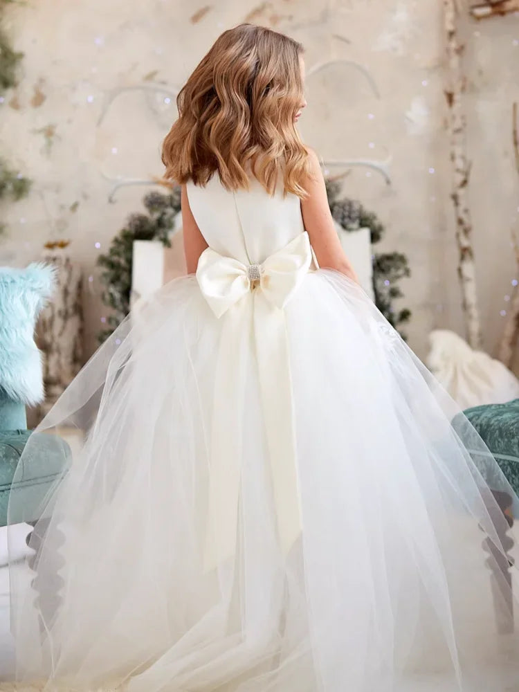 Falda de tul blanco con top de satén y lazo sin mangas para bodas, fiestas de cumpleaños, vestidos de primera comunión y vestidos de niña de las flores 