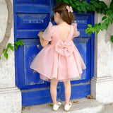Pink Satin Tulle Puffy With Bow Short Sleeve For Wedding Birthday Holy Communion Banquet Princess Gowns Flower Girl Dresses
