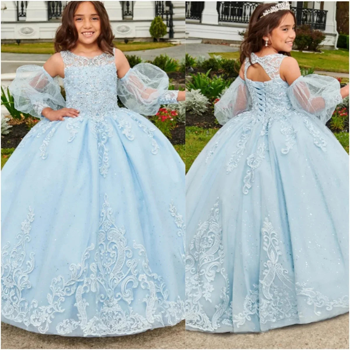 Sequins Floor Length Elegant Girl Kids Birthday Party First Holy Communion Gown Lace Appliques Flower Girl Dresses for Wedding