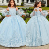 Sequins Floor Length Elegant Girl Kids Birthday Party First Holy Communion Gown Lace Appliques Flower Girl Dresses for Wedding