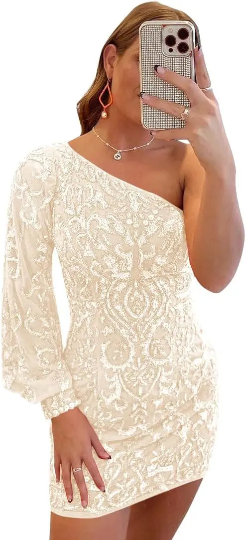 Vestidos de fiesta de encaje con lentejuelas brillantes para adolescentes, mangas abullonadas, un hombro, minivestido de cóctel para graduación, vestidos de noche 