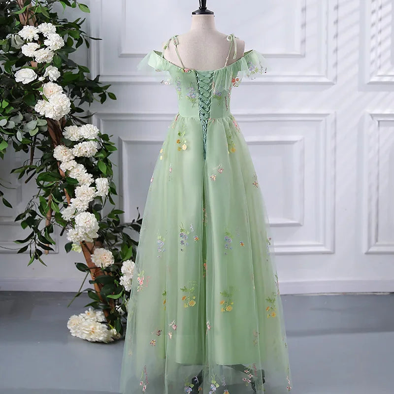 New Spaghetti Strap Evening Dresses Sweet Embroidery Flower Tulle Party Dress Elegant Long A-line Prom Dresses Customized