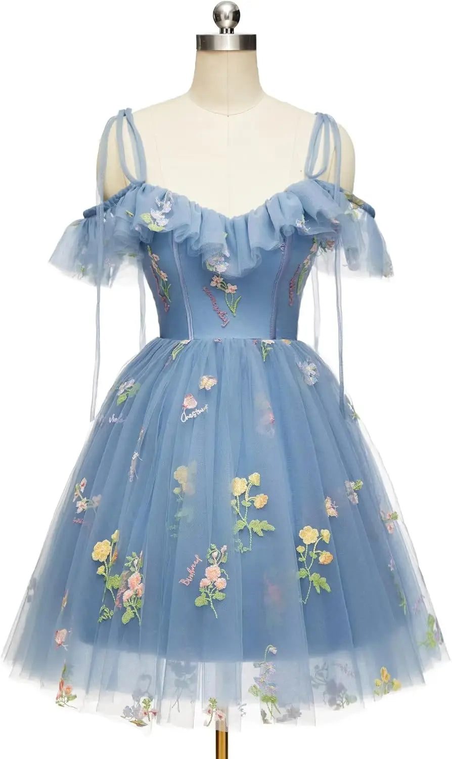 Vestidos cortos de fiesta para adolescentes con bordado de flores, tul, tirantes finos, largo hasta la rodilla, con margaritas y estampado floral. 