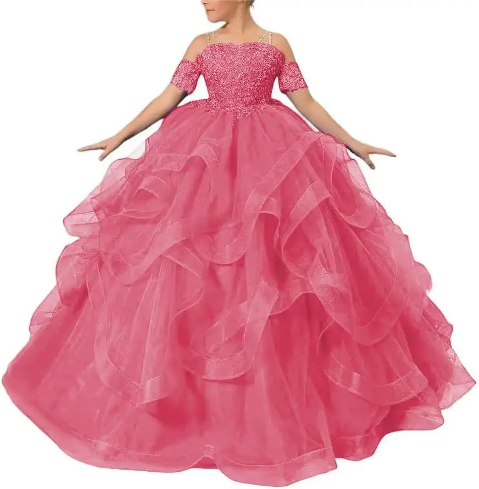 Vestidos de desfile de princesas para niñas de flores 2026 con encaje bordado, tallas grandes, tul en capas, vestidos de primera comunión para niñas. 