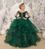Long Sleeve Flower Girl Dresses Laces Applique Beaded Princess Pageant Dress Beaded Ruffle Tulle Kids Prom Party Gown