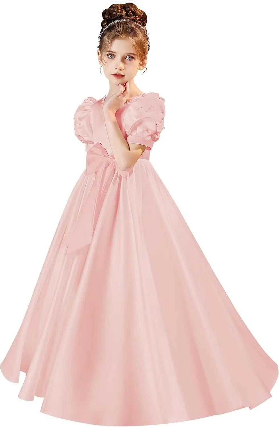 Satin First Communion Dress Flower Girl Dresses for Wedding Pearls Princess Pageant Dress with Bow-Knot