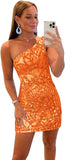 One Shoulder Short Homecoming Dresses for Teens Sparkly Sequin Tight Formal Cocktail Dress Sexy Club Gowns Mini Women's Dress
