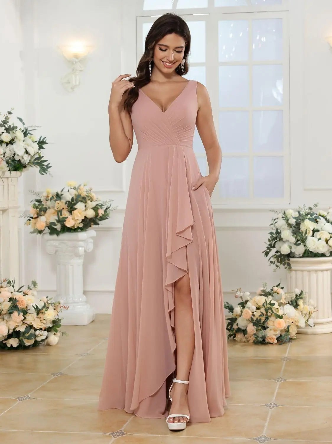 Women's V Neck Bridesmaid Dresses with Slit 2025 Chiffon A-line Formal Evening Gowns with Pockets bridesmaid dress for weddings