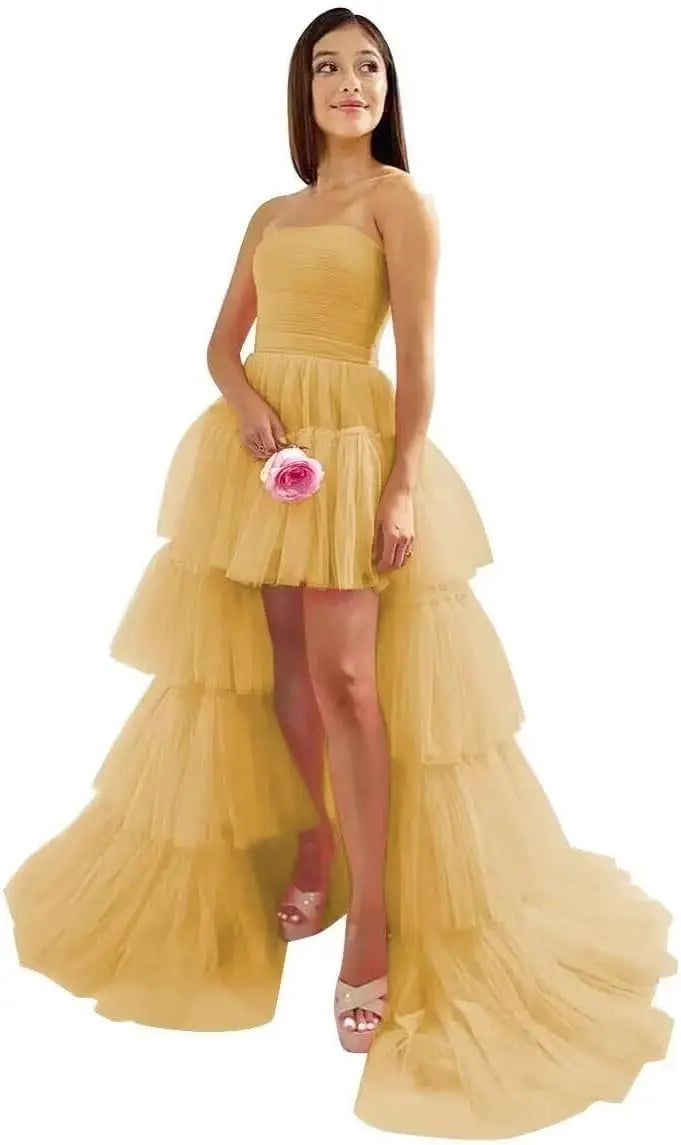 High Low Tüll Ballkleider Lange trägerlose gestufte Abendkleider A-Linie Abendkleid mit Schleppe Partykleider Damen Abend 