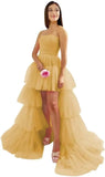 High Low Tüll Ballkleider Lange trägerlose gestufte Abendkleider A-Linie Abendkleid mit Schleppe Partykleider Damen Abend 