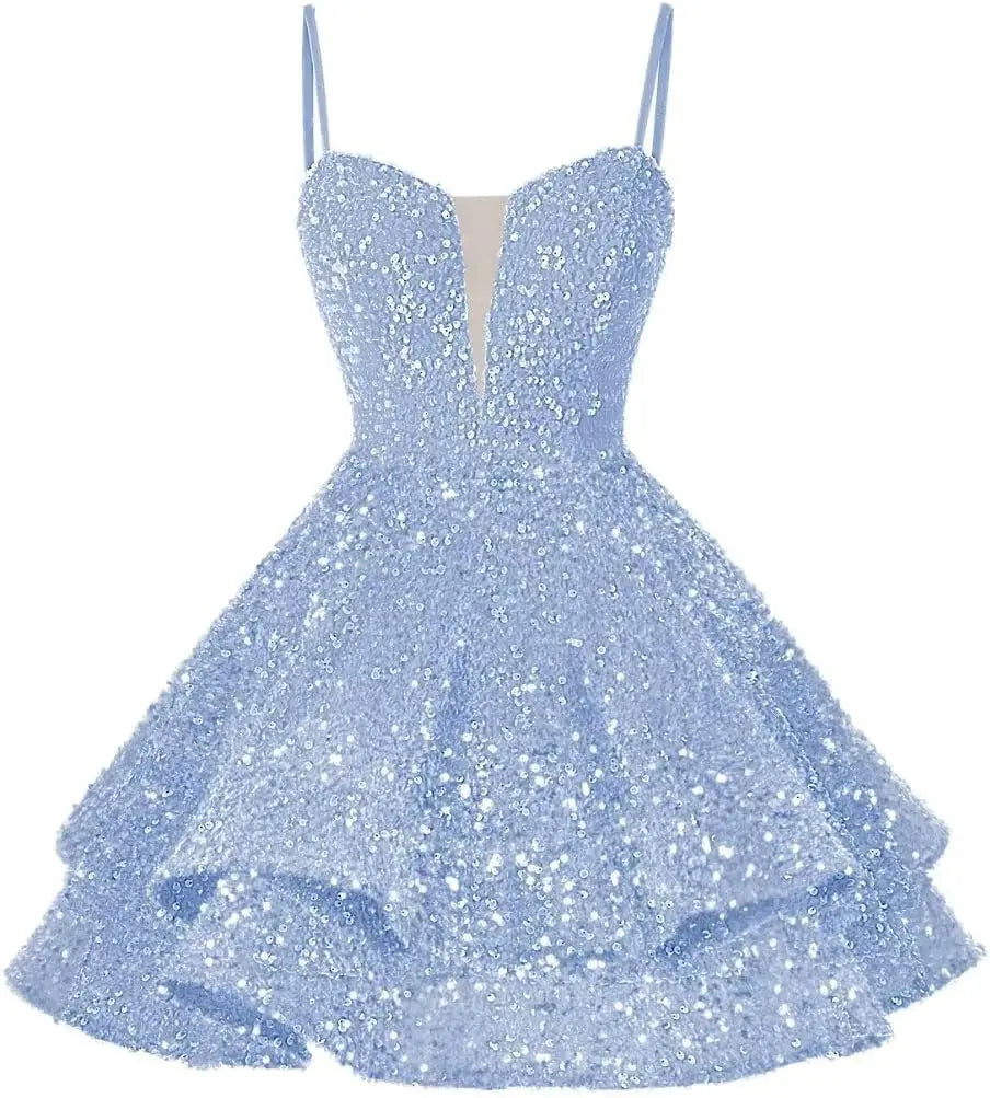 Kurzes Pailletten-Heimkehrkleid für Teenager, funkelnde Ballkleider, Sweet 16-Fotoshooting, Cocktailkleider, Minikleid, Partykleider 