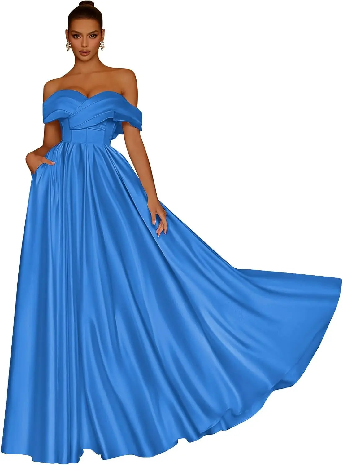 Damen Schulterfreies Satin-Ballkleid, lang, V-Ausschnitt, A-Linie, formelles Abendkleid mit Taschen, Ballkleid 