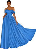 Damen Schulterfreies Satin-Ballkleid, lang, V-Ausschnitt, A-Linie, formelles Abendkleid mit Taschen, Ballkleid 